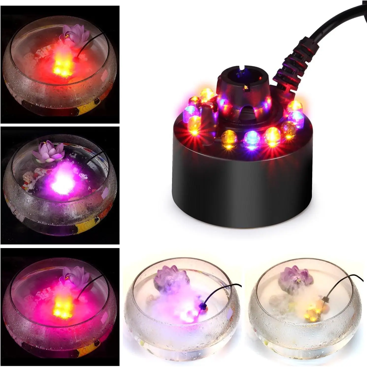 Black Outdoor Halloween Mist Maker Fogger - Water Fountain Pond Atomizer Air Humidifier with 12 LED Lights Color Change