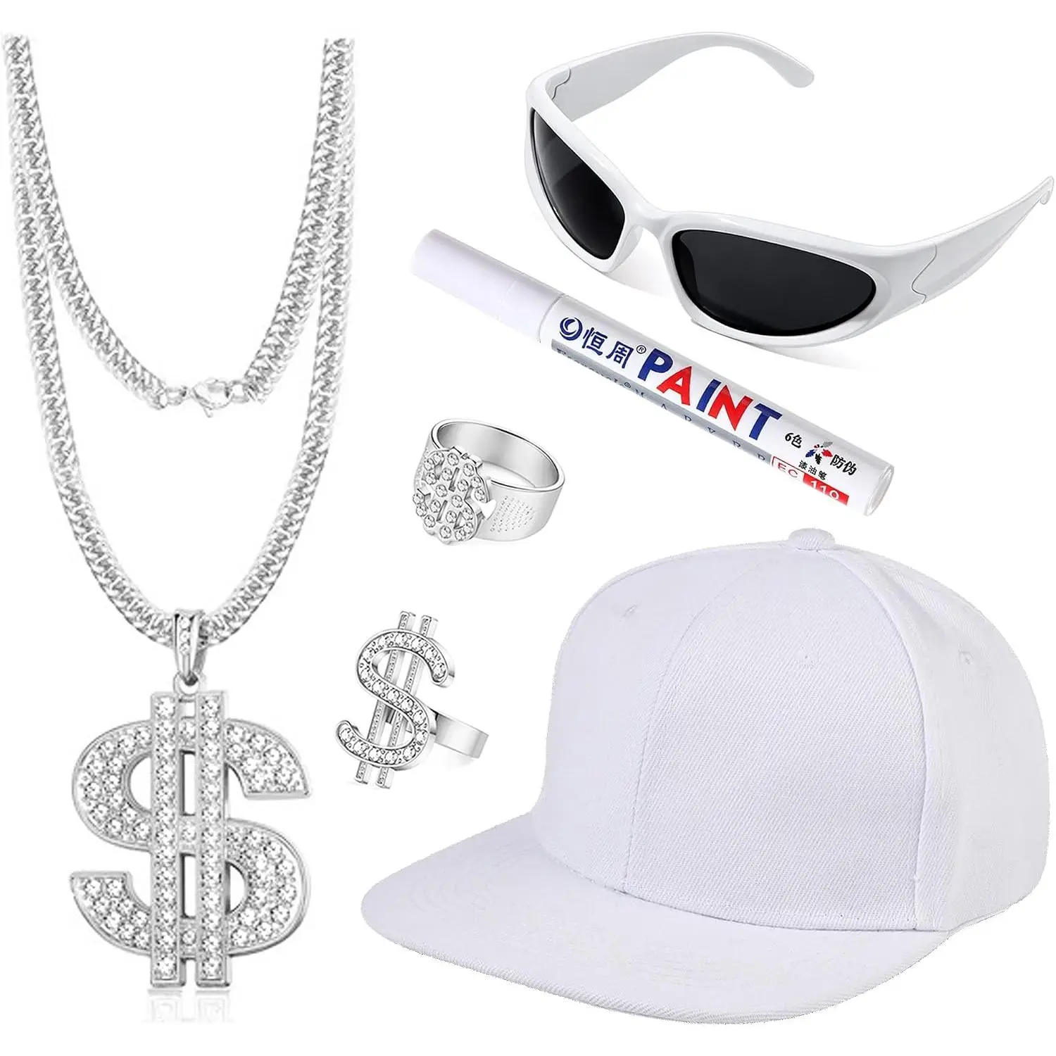 6Pcs Hip Hop Costume Kit for Men Women| Rapper Fake Gold Chain Sunglasses Hat Dollar Sign Necklaces 80s 90s Outfit Rapper Accessories