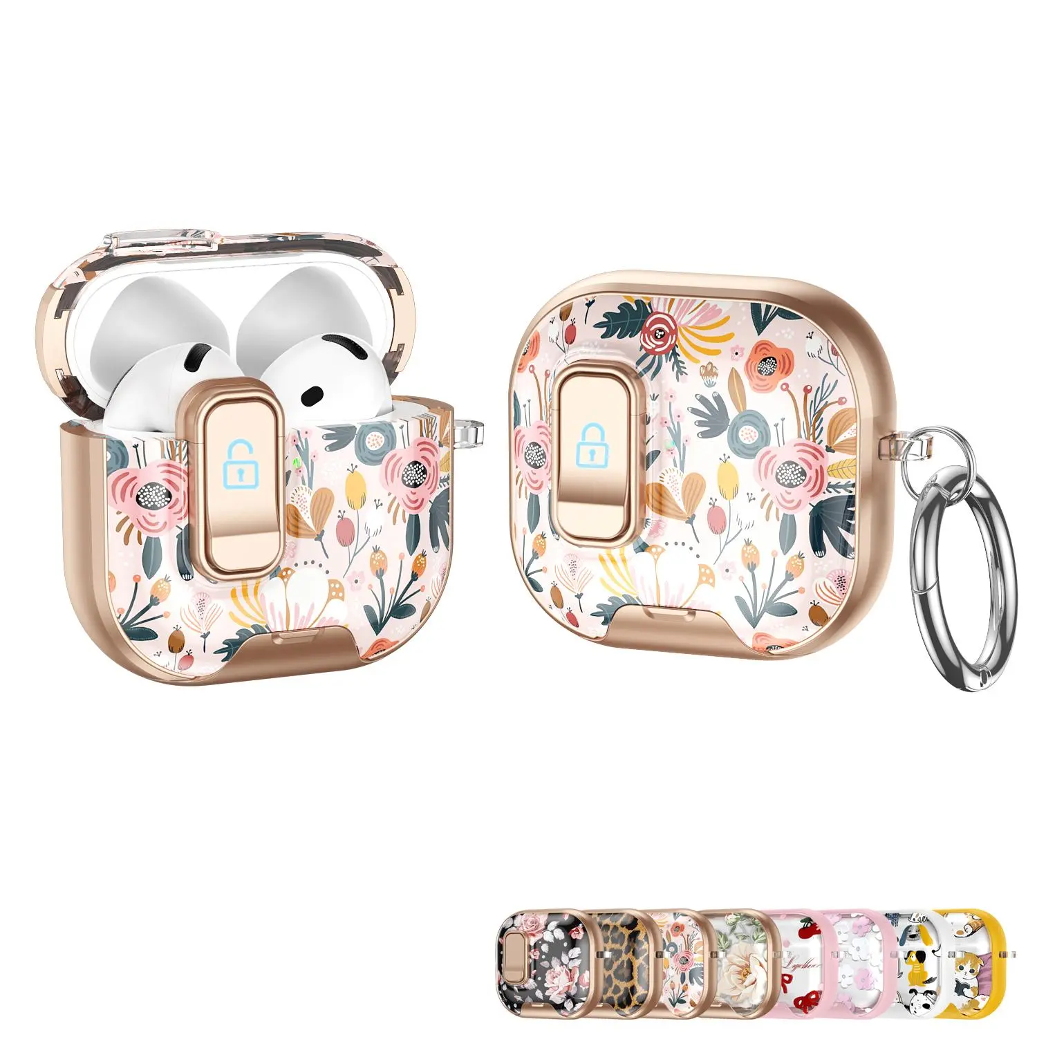 Cute Floral Leopard Pet Print AirPods 4 & Pro 3 Pro 2 1, Case with Secure Lock Clip, Shockproof Girly Protective Cover with Keychain Ring for Apple AirPods All Generations
