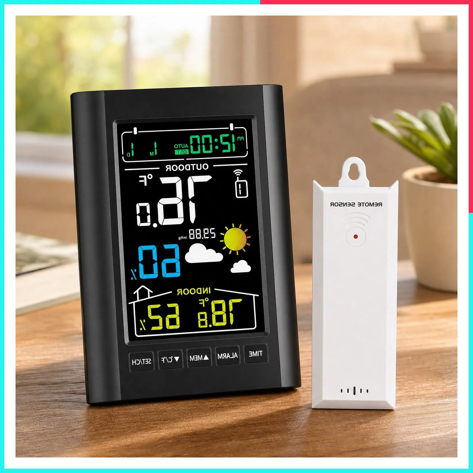 Wireless Indoor Outdoor Weather Station with Temperature & Humidity Monitor, 330ft Range Sensor and Adjustable Backlight (Black)