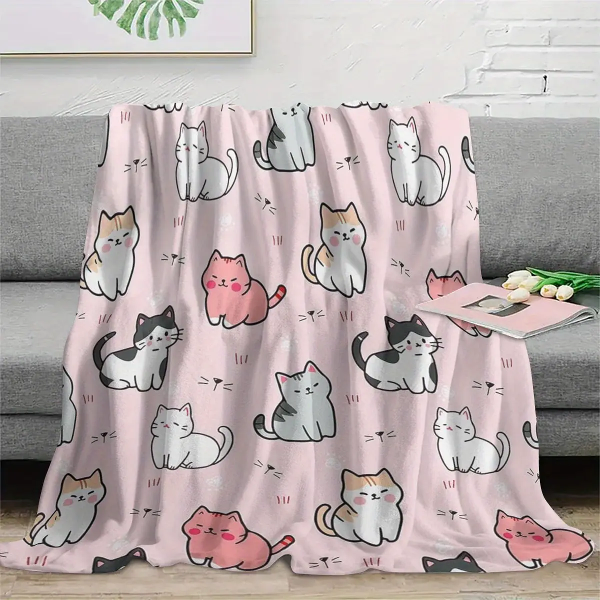Soft Plush Flannel Cat Blanket - Geometric Cat Faces & Paw Print Design, Lightweight All-Season Cozy Throw for Sofa, Bed, Living Room - Perfect Gift for Cat Lovers & Pet Owners-280GSM
