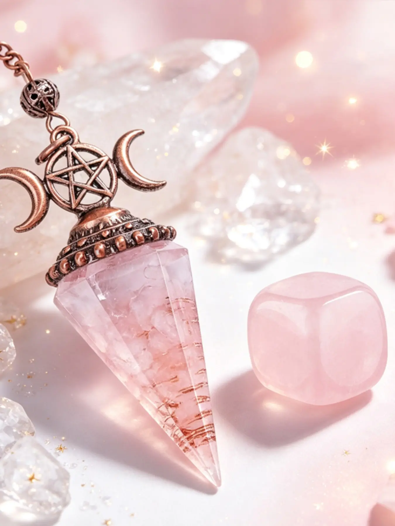 2pcs Rose Quartz Double Moon Pendulum + Rose Quartz Square Ornaments, Portable Meditation Desktop Decoration, Tarot Card Pairing, Beginner’s Divination Entry Home Props Crystal Studio, Balance