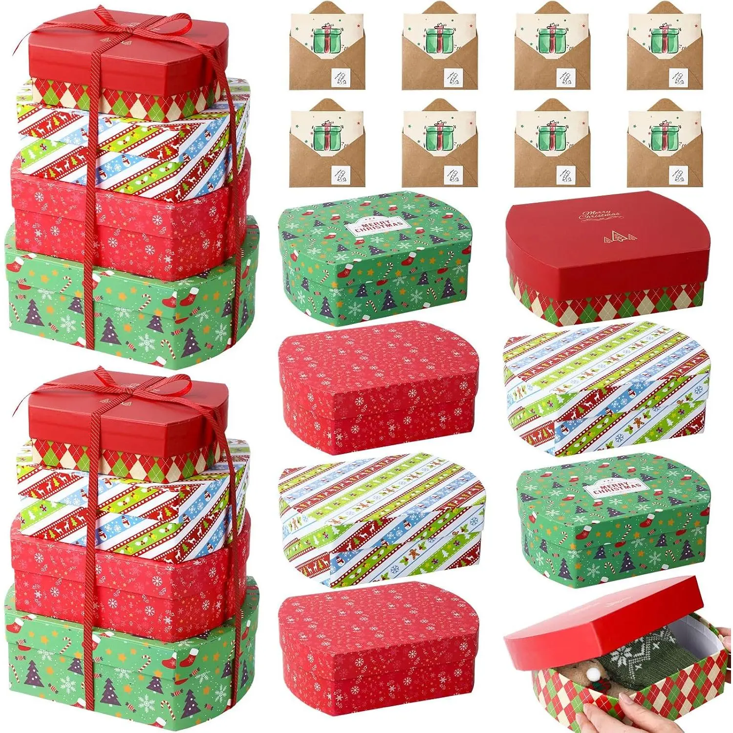 8 count Christmas Nesting Boxes with ,  Holiday Decorative Nesting Cardboard  Presents Boxes  Storage Box for Xmas Party  Decor