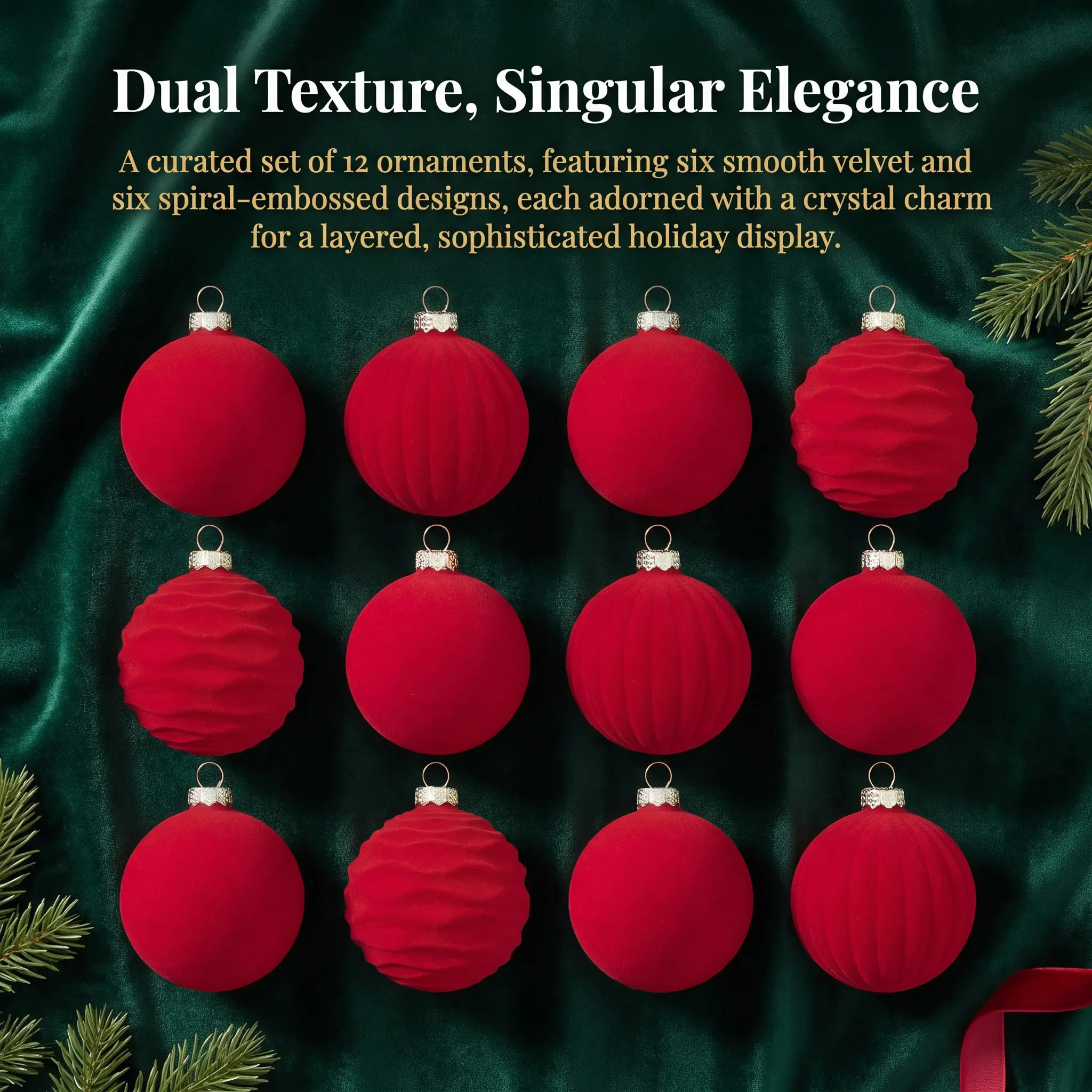12-Pack 6cm Flocked Christmas Ornament Box, Classic Festive Style, Three Textures, Durable Reusable, Easy Installation, Perfect for Holiday Decor