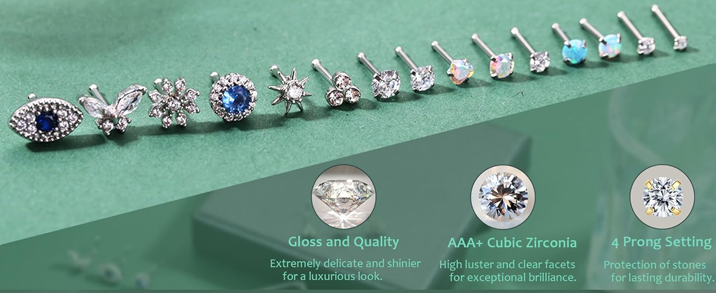 15Pcs 14K Gold Filled Nose Rings Studs 20G Surgical Stainless Steel L Shaped Nose Studs Genuine Opal CZ Nose Piercing Jewelry for Women Men