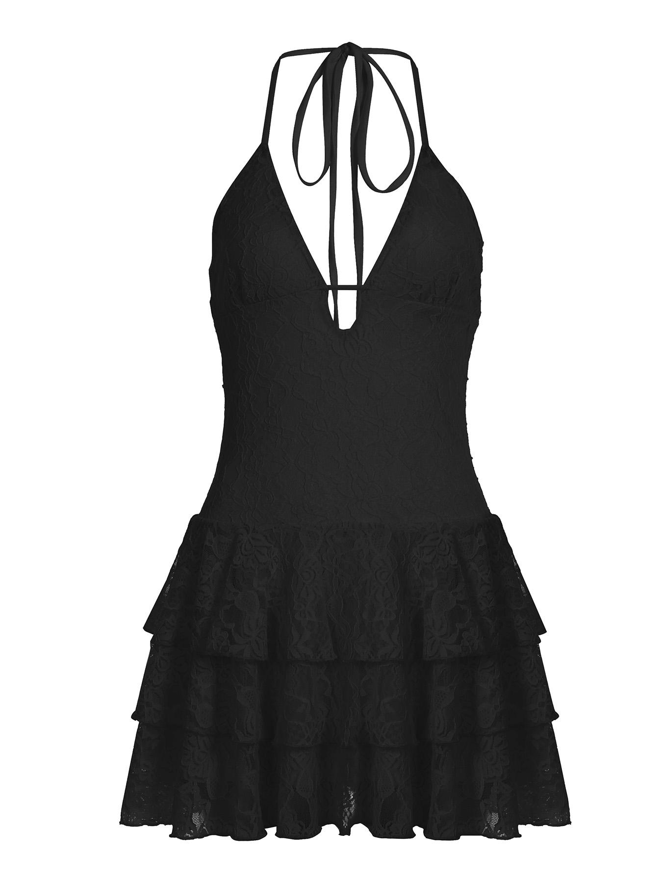 Women's Solid Color Halter Neck Lace Bodycon Cocktail Dress, Fashion Casual Sexy Sleeveless Dress for Daily Outdoor Wear, Women Dress for Summer, Womenswear