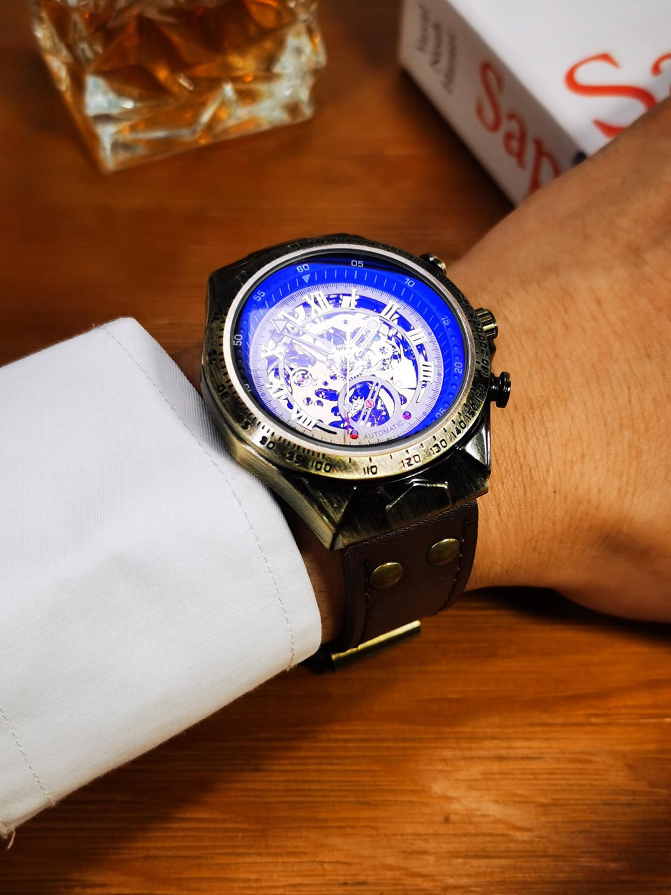 Men's Vintage Automatic Mechanical Watch, Fashionable Stylish Watch, Fashion Luminous Hands Watch for Party, Daily Clothing Decor, Watch for Birthday Gift with Box, Mechanical Style Watches detail 7