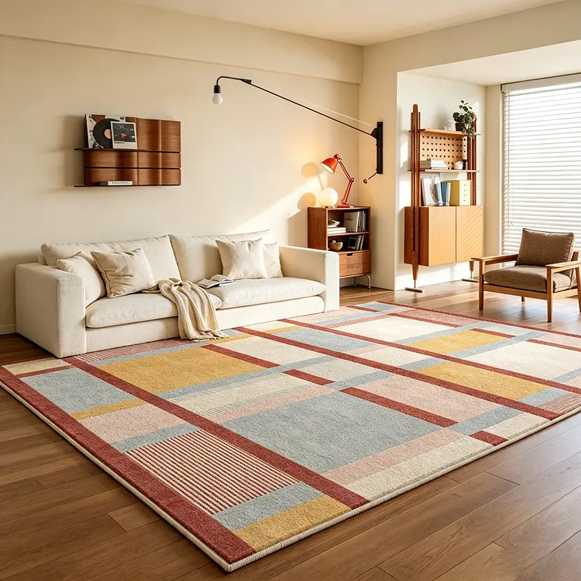 140x200cm (4.59'-6.56') Aesthetic Color Block Square Grid Rug, Mid-Century Vintage Geometric Art Carpet for Living Room, Indoor Space