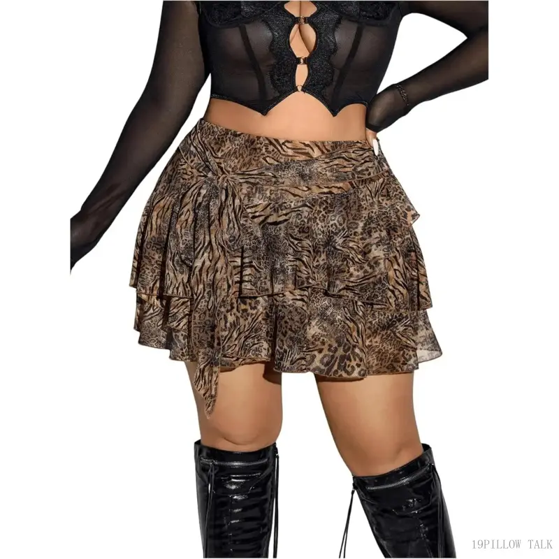 Women's Plus Size Halloween Cheetah Print Skorts Ruffle Layered High Waist Leopard Printed Skirt Y2K19PILLOW TALK