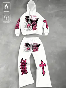 Men's Y2K Casual Streetwear Letter Print Hoodie and Sweatpants Set, Fall Fashion Trendy Active Youth Campus Stylish Versatile Unique