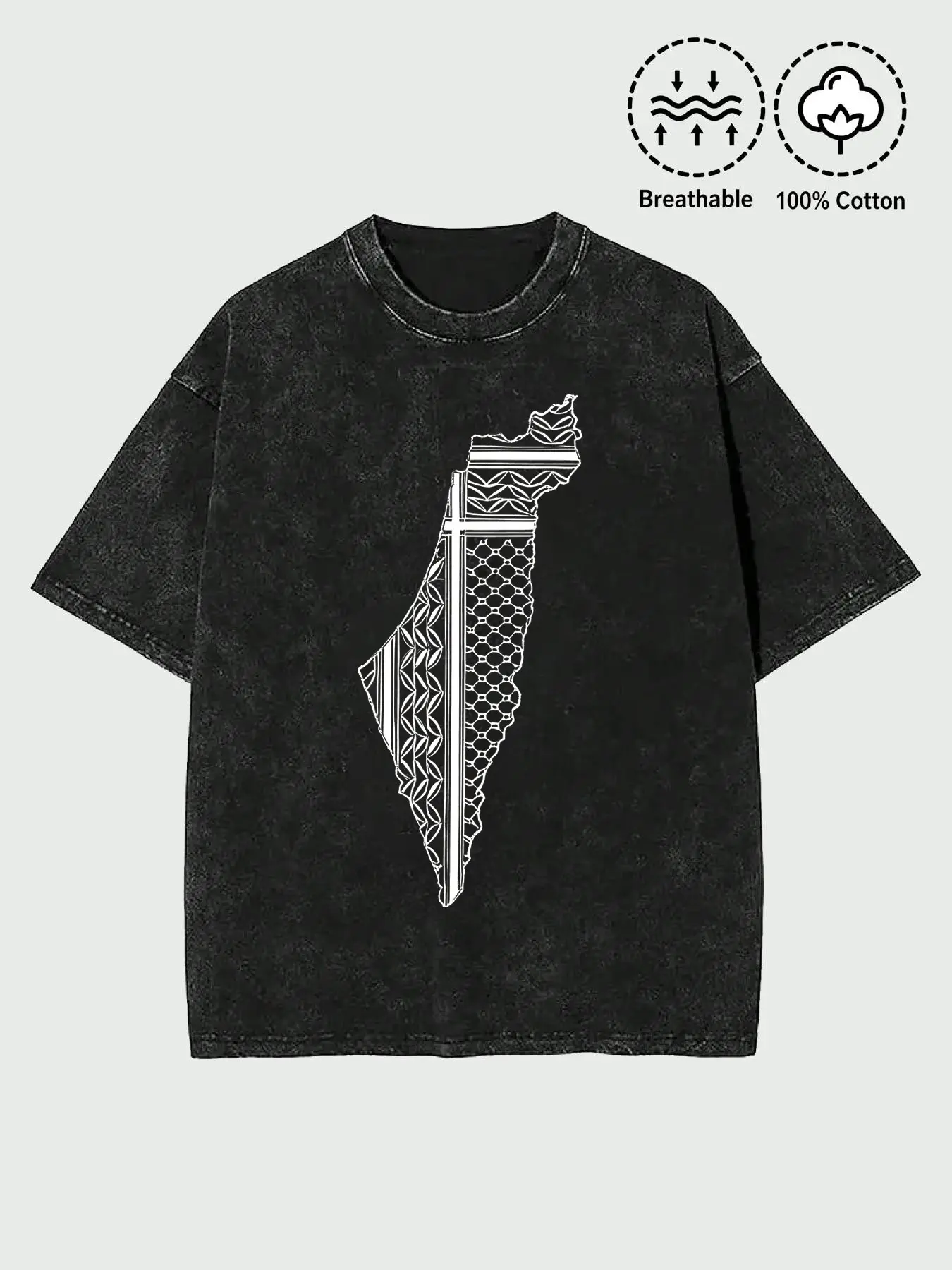 Men's 100% Cotton Vintage Washed Palestine Map Keffiyeh Cultural Graphic T-Shirt, Black Distressed Fashion Streetwear Baggy Oversized Tee, Breathable Casual Crew Neck Short Sleeve Top for Gen Z