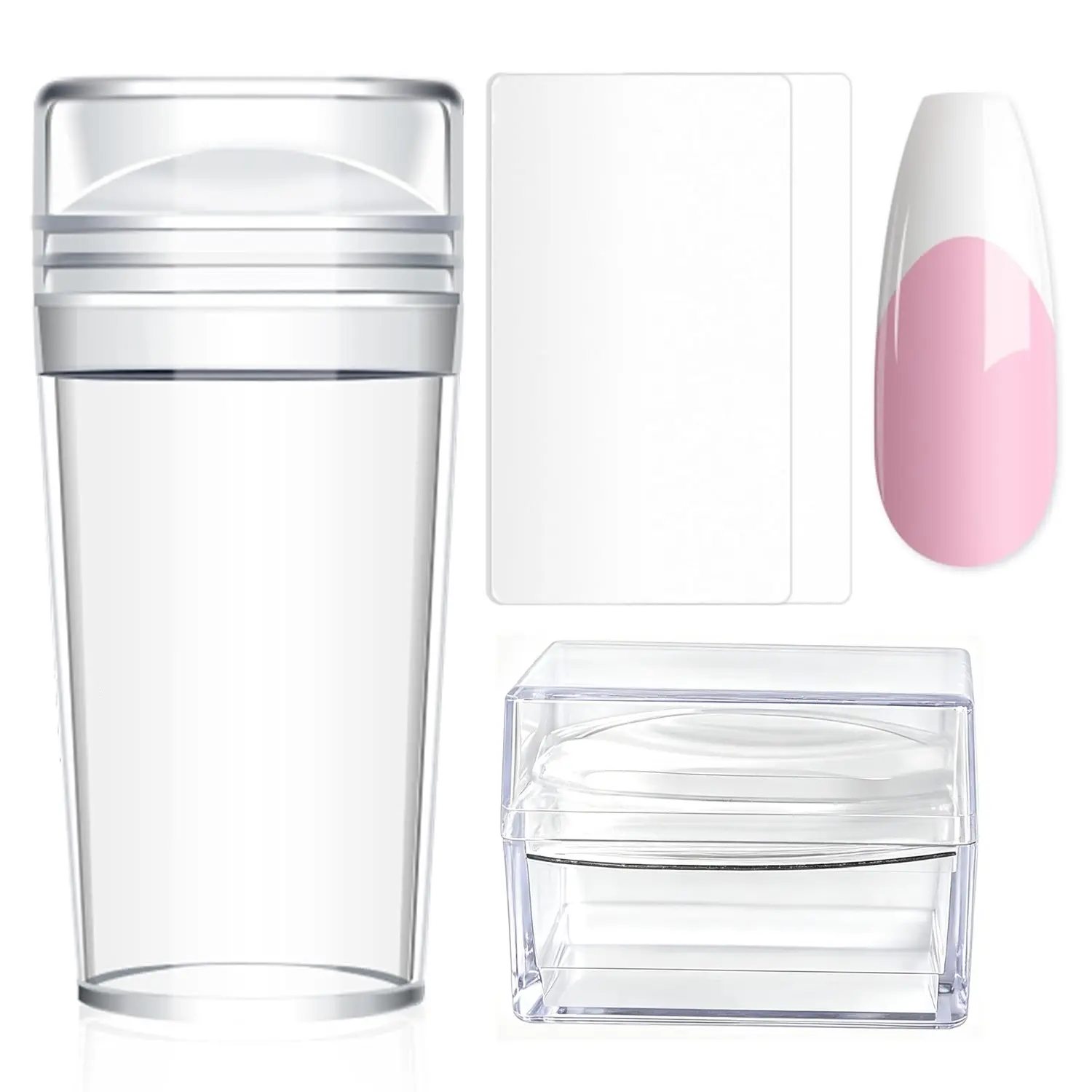 French Tip Nail Stamp: 4PCS Nail Art Stamper Kit Clear Silicone Nails Stamping Long & Short Jelly Stamper with Scrapers Nails Stamper Kit for French Manicure Home DIY Salon, Clear Nail Art Tools