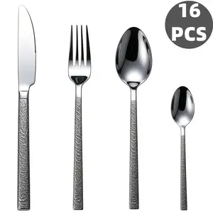 16Pcs Cracked Bark Textured Handle Stainless Steel Cutlery Set, Mirror Polished Silverware Flatware, Rustproof Dishwasher Safe, Ideal for Home Kitchen, Family Meals, Apartment & Holiday Gifts