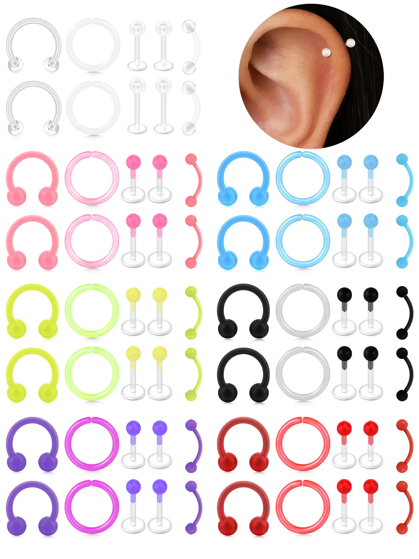 Clear Piercing Retainers Mix Set For Sport Work Septum Retainer Nose Studs Flexible Lip Ear Nose Tongue Rings Nipplering Cartilage Rook Daith Earrings Horseshoe Plastic Industrial Piercing Retainer For Work Piercing Jewelry