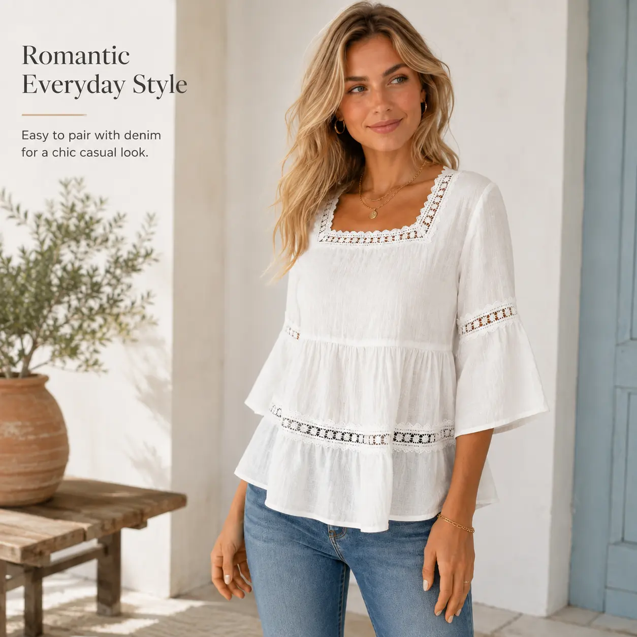 Women’s Lace Trim Square Neck Blouse, Flowy 3/4 Bell Sleeve Peplum Top, Lightweight Textured Casual Shirt for Spring Summer, Boho Feminine Loose Fit Tunic Top for Vacation, Brunch, Beach, Travel, Work, Daily Wear, Dressy Casual Outfit, White Top