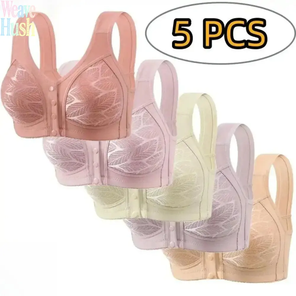 3/5-Pack Plus Size Front Closure Bra Set, Elegant Knit Wire-Free Push-Up Bralette With Contrast Lace, Seamless Side Support Comfort Lingerie, Polyamide Fabric For All-Day Women Daily Wear