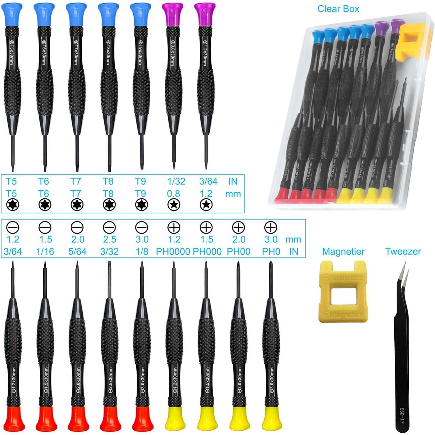 18 count Mini Precision  Set With Case,   Small Flathead Phillips Pentalobe Torx   Set Kit and Tweezers for Repairing Computer Eyeglass Phone Watch