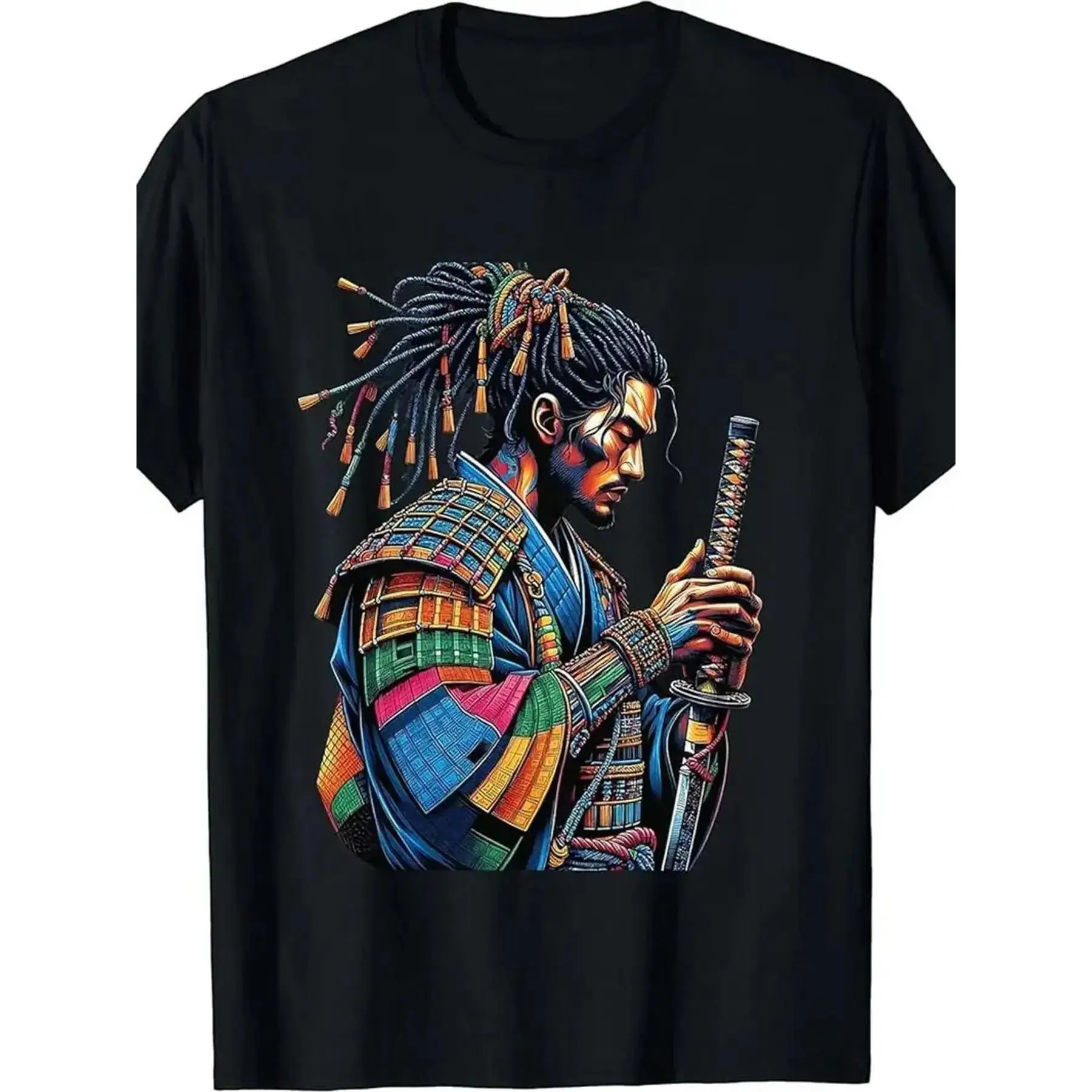 Men's African American Samurai Bushido T-Shirt - 100% Cotton Loose Fit -Kenya Fusion Martial Arts Tee with African Heritage Samurai Warrior Print, All-Season Casual Wear & Cultural Pride Apparel,short,anime