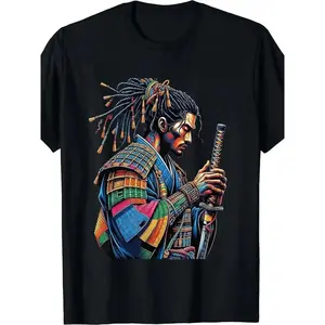 Men's African American Samurai Bushido T-Shirt - 100% Cotton Loose Fit -Kenya Fusion Martial Arts Tee with African Heritage Samurai Warrior Print, All-Season Casual Wear & Cultural Pride Apparel