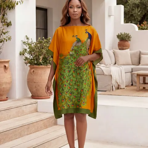 Women's Fashionable Bohemian Boho Chic Animal Print Kaftan Dress, Loose, Breathable and Beach Cover-Up with Eye-Catching Print, Ideal for Summer Vacation and Daily Wear