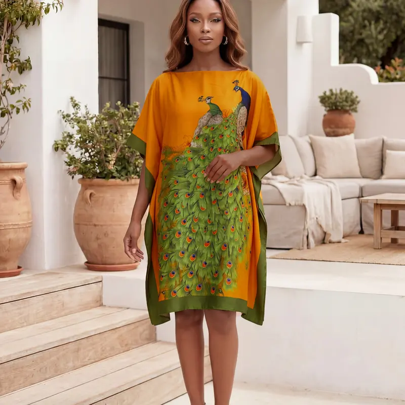Women's Fashionable Bohemian Boho Chic Animal Print Kaftan Dress, Loose, Breathable and Beach Cover-Up with Eye-Catching Print, Ideal for Summer Vacation and Daily Wear