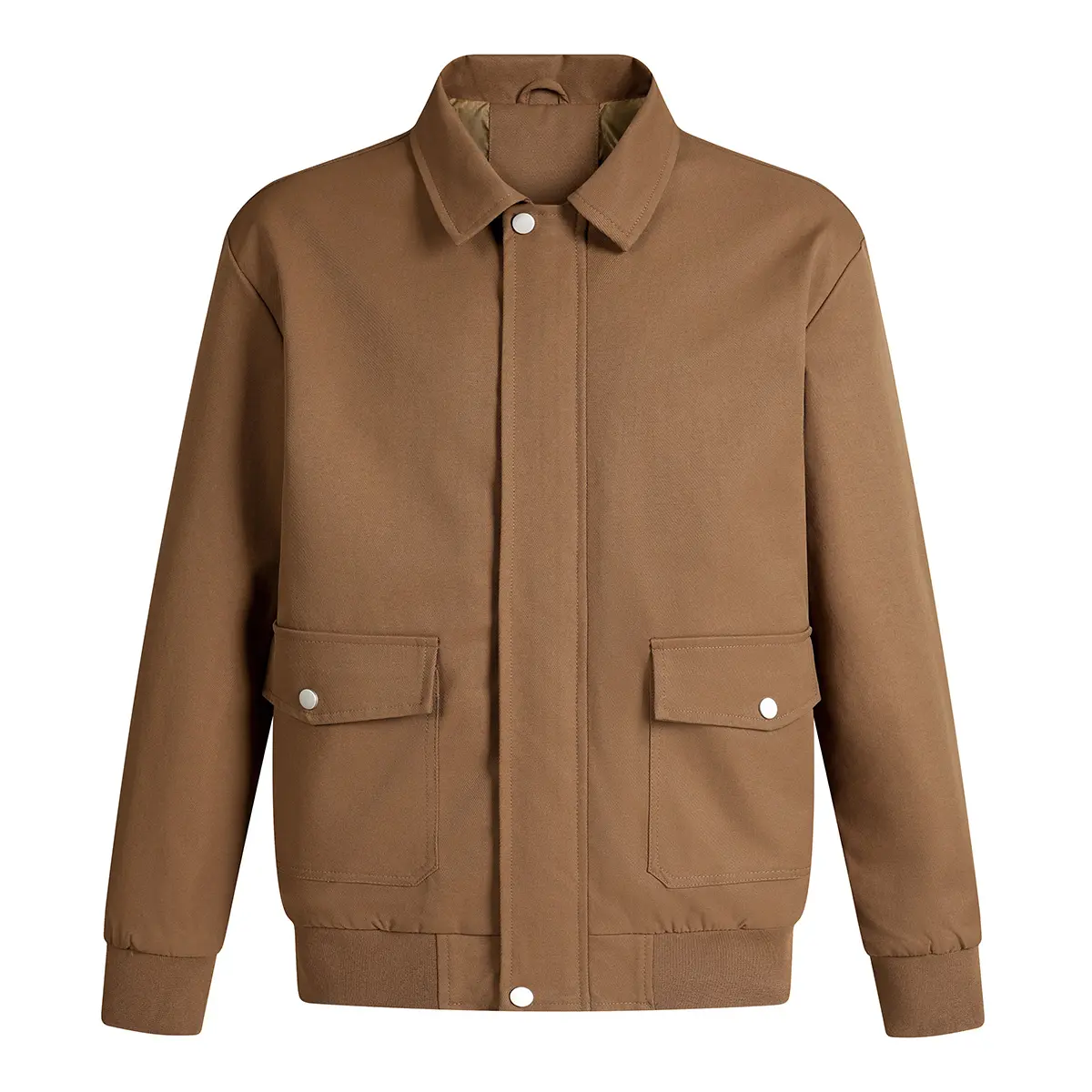 Men's Vintage Turn-Down Collar Plain Polyester Blend Cargo Jacket - Long Sleeve Full Zip Classic Fit Brown Workwear Coat, Spring Fall Casual Outerwear with 2 Flap Chest Pockets, Ribbed Cuffs, Machine Washable