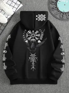 Men's Autumn Winter Viking Culture Mystery Runes Print Graphic Hoodie, Dark Cool Trendy, Eye-Catching, Fitted Casual Style