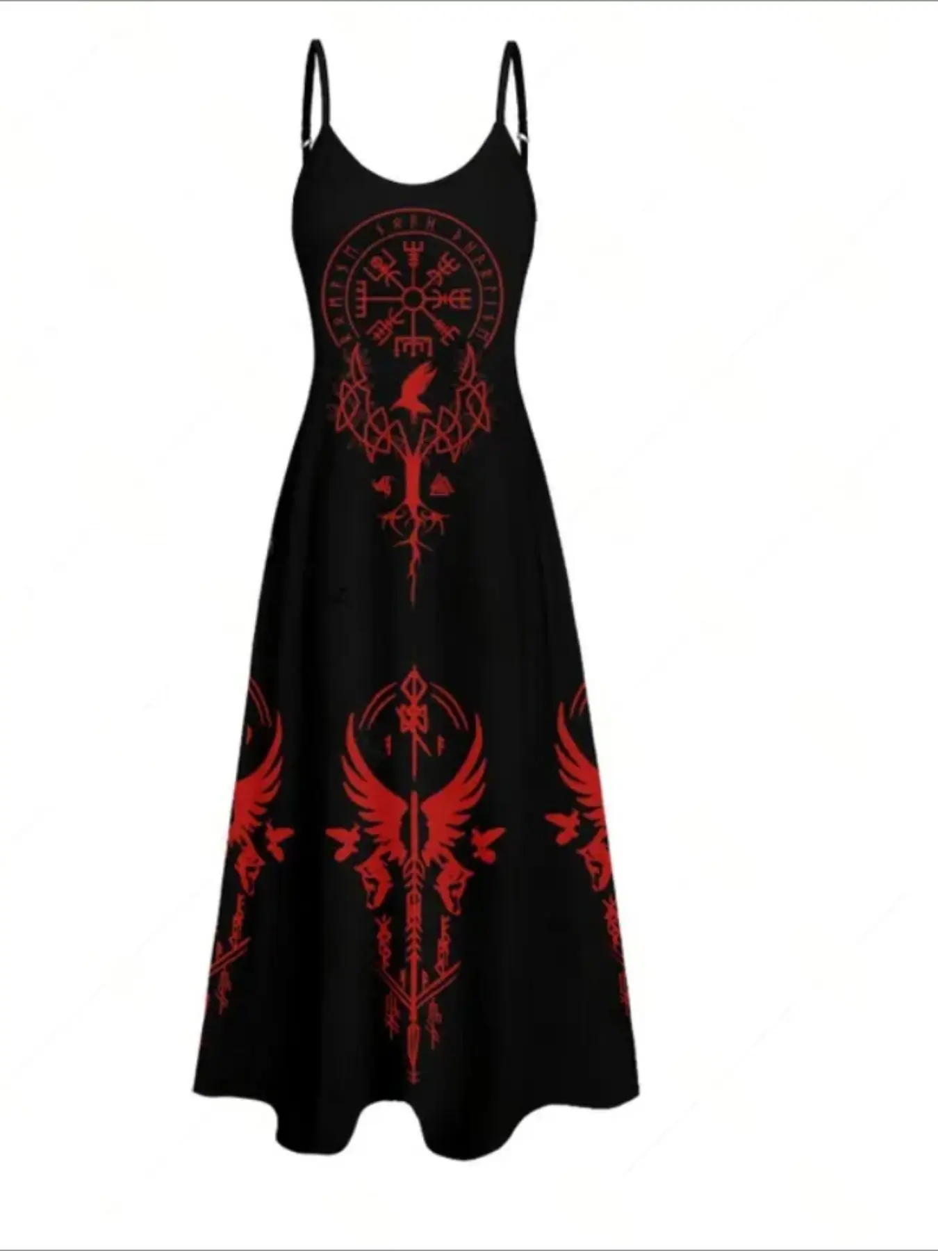 Clock Geometric Print Gothic Long Dress, Thin Strap Maxi Dress, Pocket Design, Elegant Evening Wear, Unique Fashion Statement, Elegance, Formal Wear, Evening Party Dress