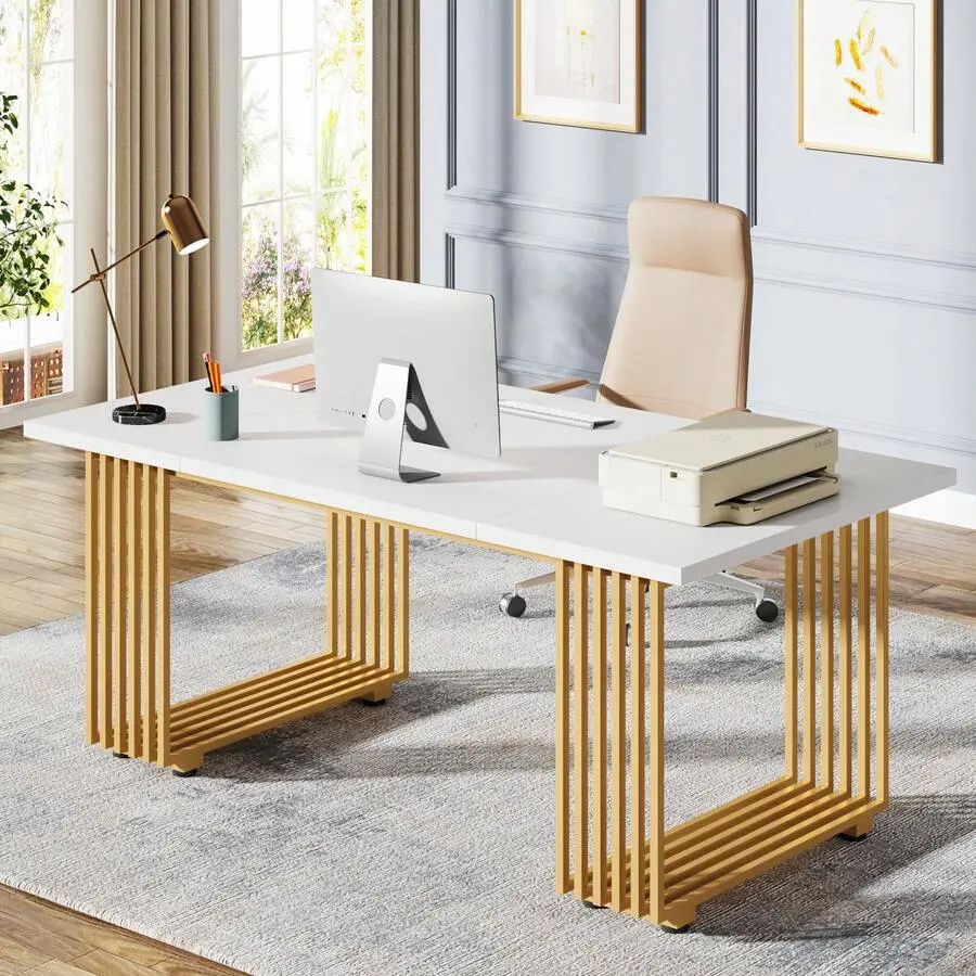70.9" White Office Desk, Modern Wooden Executive Desk, Large Workstation With Gold Metal Legs, Home Office, Study Writing Desk, Small Conference Table Meeting Room, White & Gold