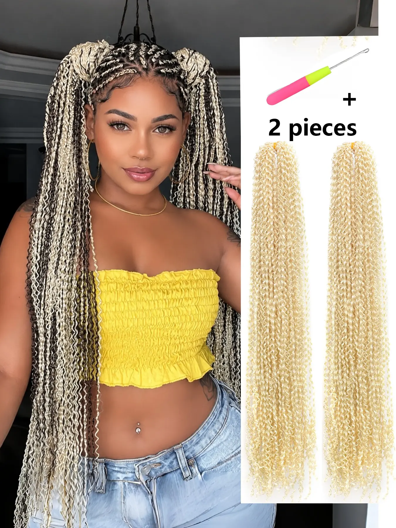 2 Pieces Long Curly Zizi Box Braided Braiding Hair, Micro Pre-Looped Synthetic Zizi Box Braids, Crochet Hair for Women, 24inch