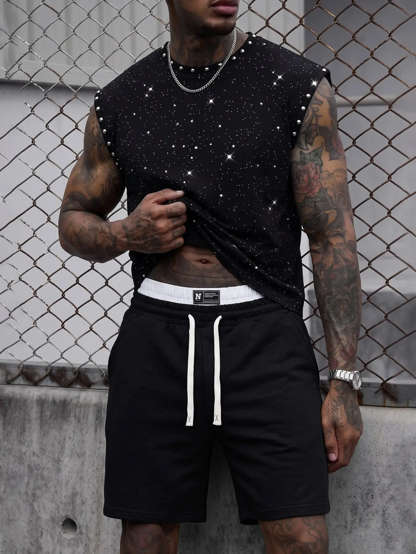 2-Piece Unisex Set, Silver Color Fabric Short Vest & Pants, Street Style, Streetwear, Y2K, American High Street, Punk, Loose Fit, Summer Vacation Wear
