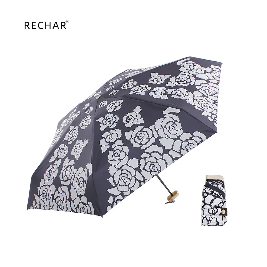 Small Camellia Sun Umbrella, UV Protection, Women's Dual-use for Sun and Rain, Foldable Flat Umbrella