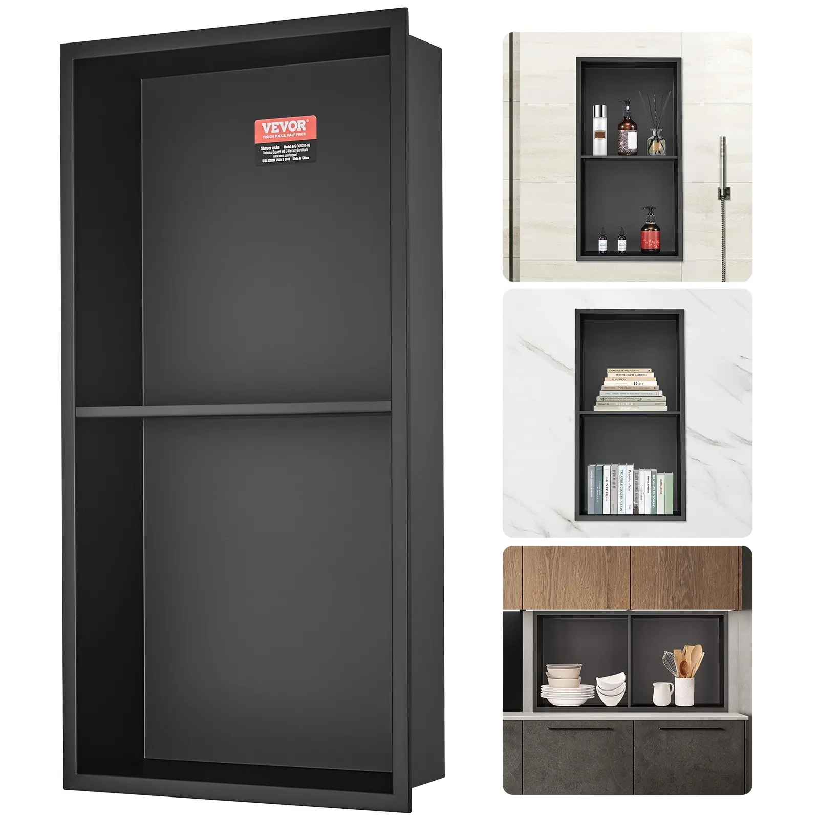 VEVOR 13" x 25" No Tile Shower Niche 304 Stainless Steel, Wall-Inserted Niche Recessed Double Shelves, Sealed Waterproof Rust-Resistant Easy Cleaning Modern Niche for Shower or Soap Storage Bathroom