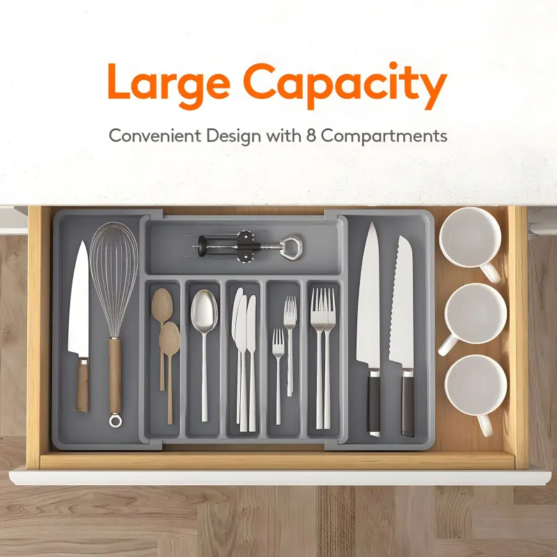 Kitchen Drawer Organizer Cutlery Storage Box Adjustable Utensil Tray 22.4" L x15" W x2" H Black Gray White Local Warehouse