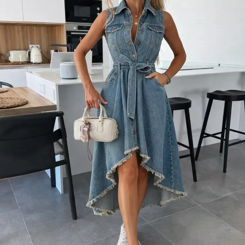 Women's Summer Vintage Waist Cinched Asymmetric Hem Front Button Sleeveless Solid Denim Dress, Adjustable Waist Dress, Elegant Casual Fashion for Spring & Fall, Casual Wear