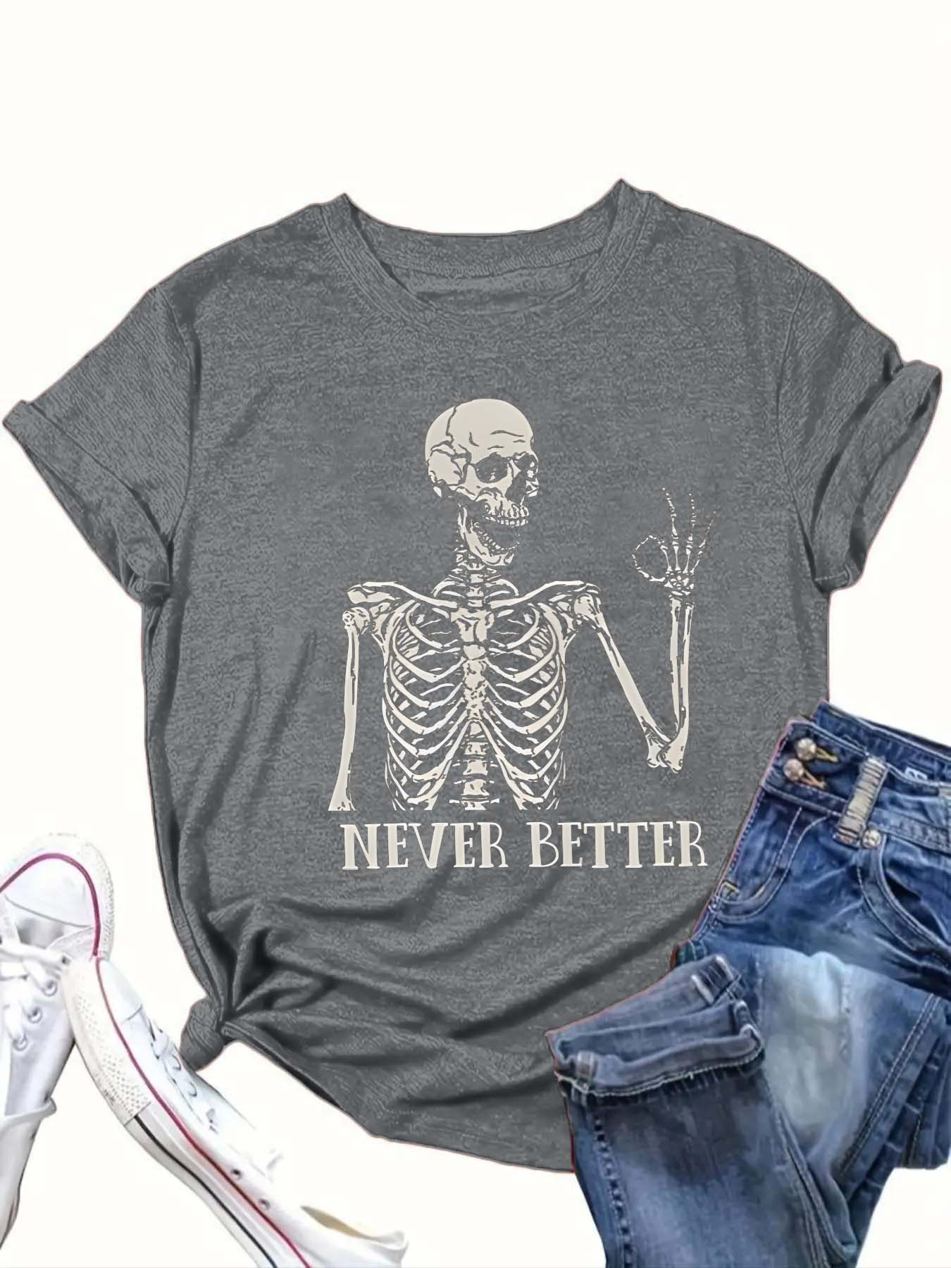 【Plus Size】 Letter & Skull Print Round Neck Tee, Casual Short Sleeve Crew Neck T-Shirt for Daily Wear, Women's Clothing for All Seasons, Halloween