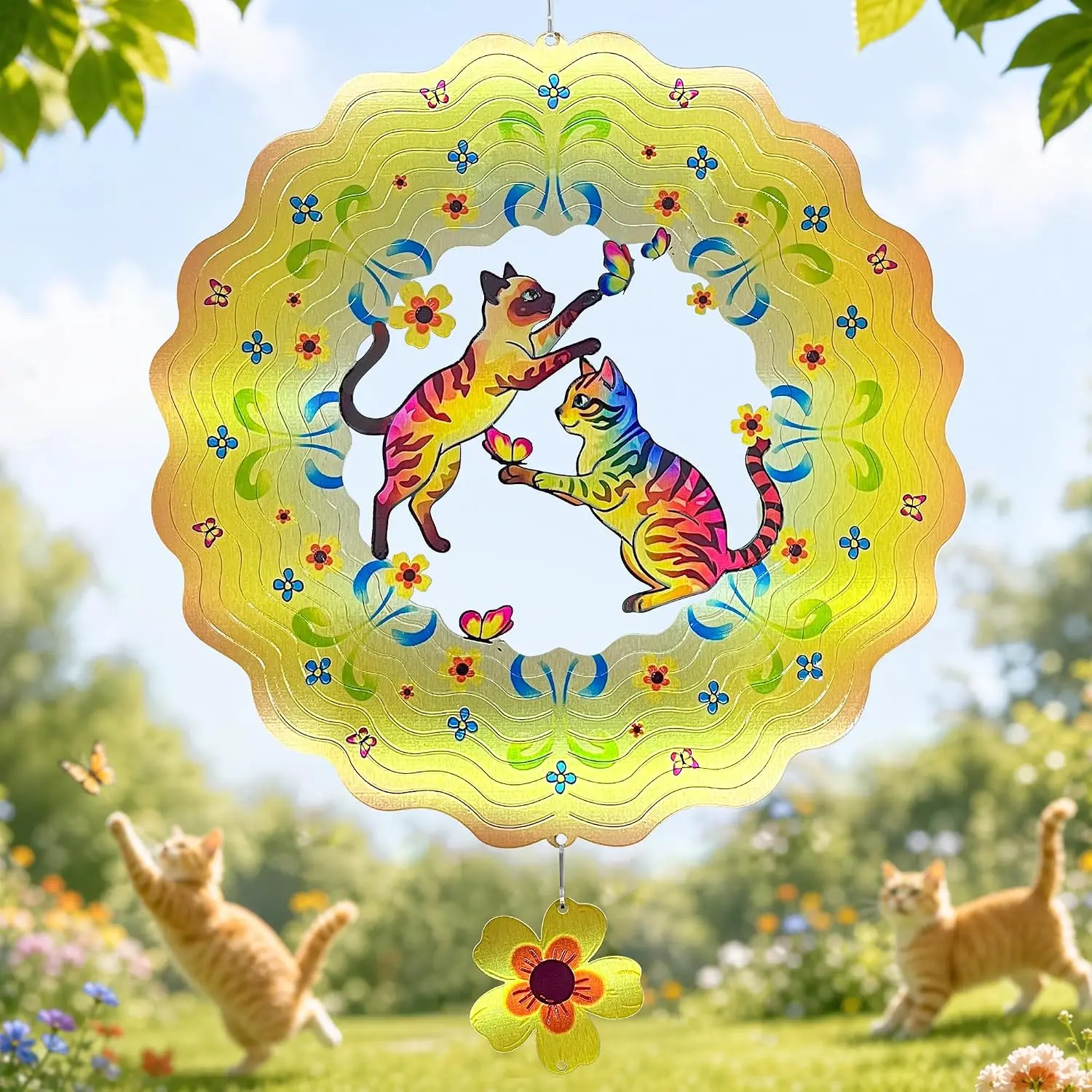 Cat Wind Spinners for Outside, 3D Kinetic Metal Hanging Yard Art Decor with Flower Pendant, Colorful Stainless Steel Garden Outdoor Decorations for Patio Lawn, Gifts for Cat Lovers Women Mom