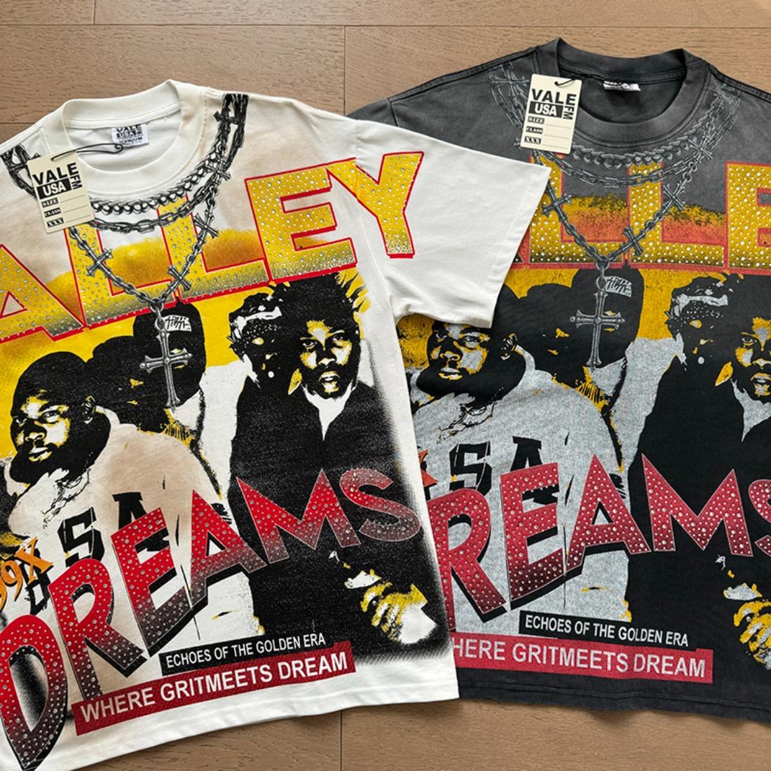 Vale Vintage Washed Streetwear T-Shirt, Bling Rhinestone Heat Transfer Print, Retro American High Street Singer Portrait & Letter Graphic, Y2K Hip Hop Summer Cotton Crew Neck Short Sleeve Tee