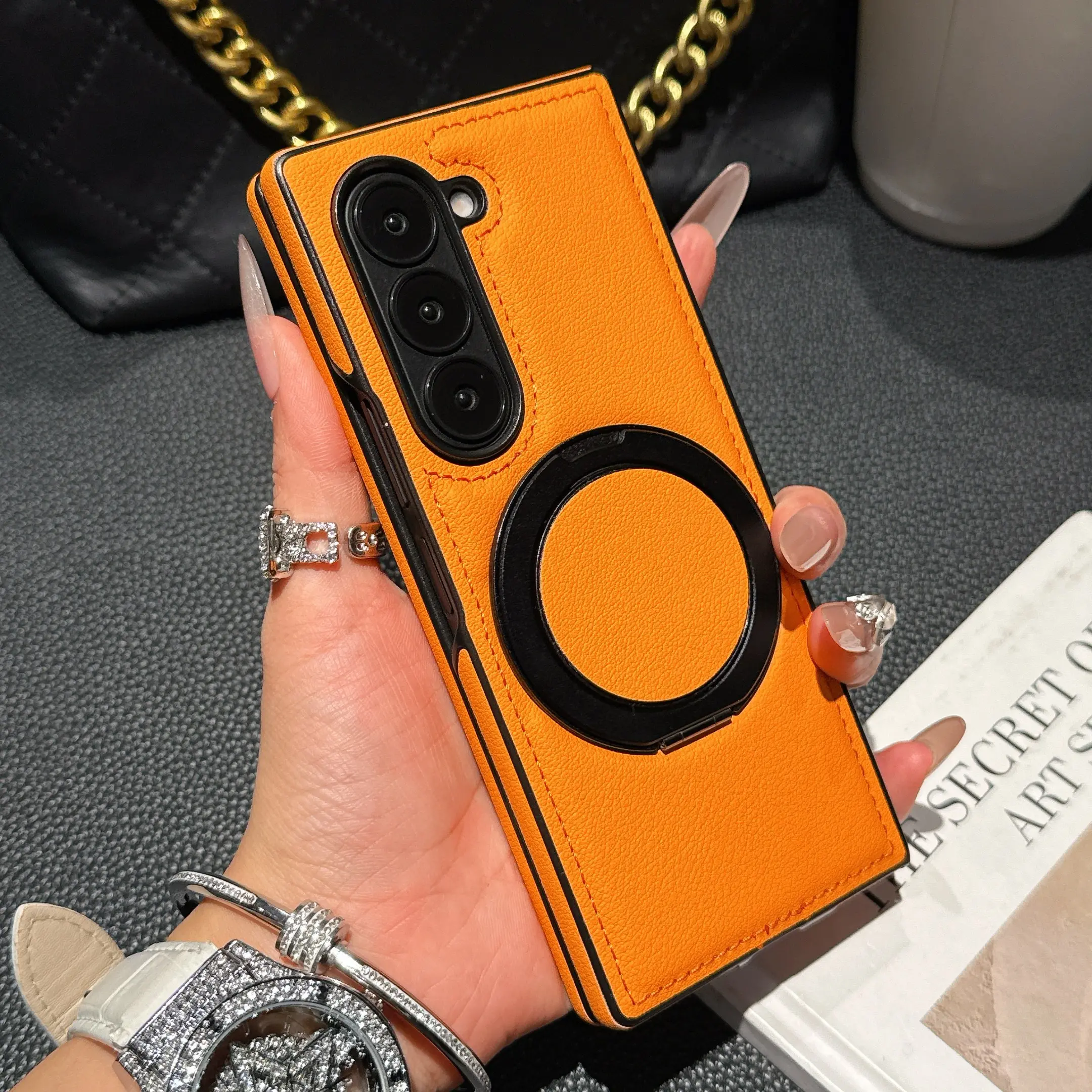 360° Rotatable Magnetic Kickstand Business Matte Phone Case, Slim Minimalist Art Texture Shockproof Full Cover Supports Magnetic Wireless Charging for Samsung Galaxy Z Fold 7 Z Fold 6 Z Fold 5 Z Fold 4 Z Fold 3 Z Flip 3 Accessories