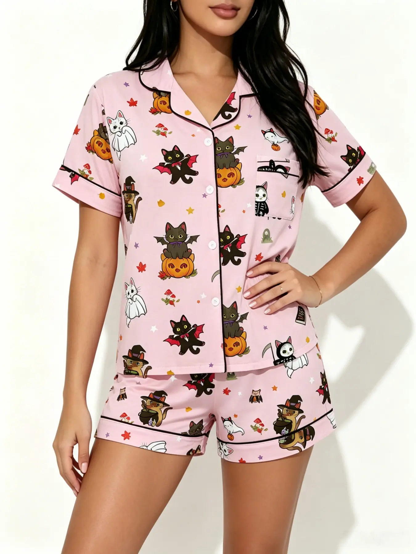 Teenage Halloween Cat Bat Full Print Pajama Set, Soft Breathable Collar Four Button Short Sleeve Top + Elastic Waist Shorts, Casual Home Wear