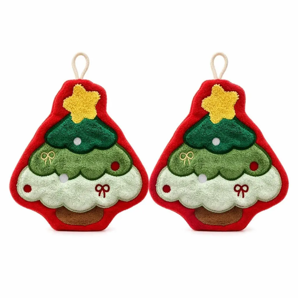 Double Pack Christmas Tree Hanging Hand Towel, Soft Coral Fleece Absorbent Microfiber, Kitchen & Bathroom, Modern Holiday Decor, Sink & Bathtub Towel