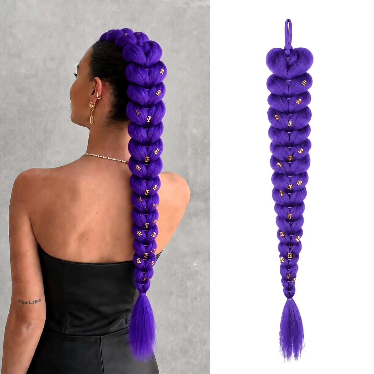 Braided Ponytail Extension, 24 Inch Pre-Braided Hair |  Synthetic Fiber, Elastic Loop, Lightweight - Braid for Crazy Hair Day, , Parties and Stage Events
