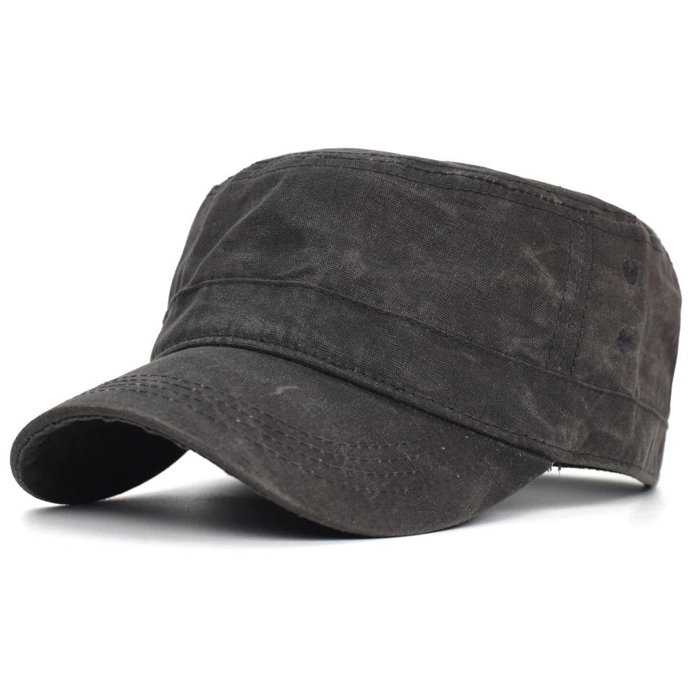 Waxed Canvas Cotton Military Caps Men Waterproof Cadet Army Cap Unique Design Vintage Flat Top Hat