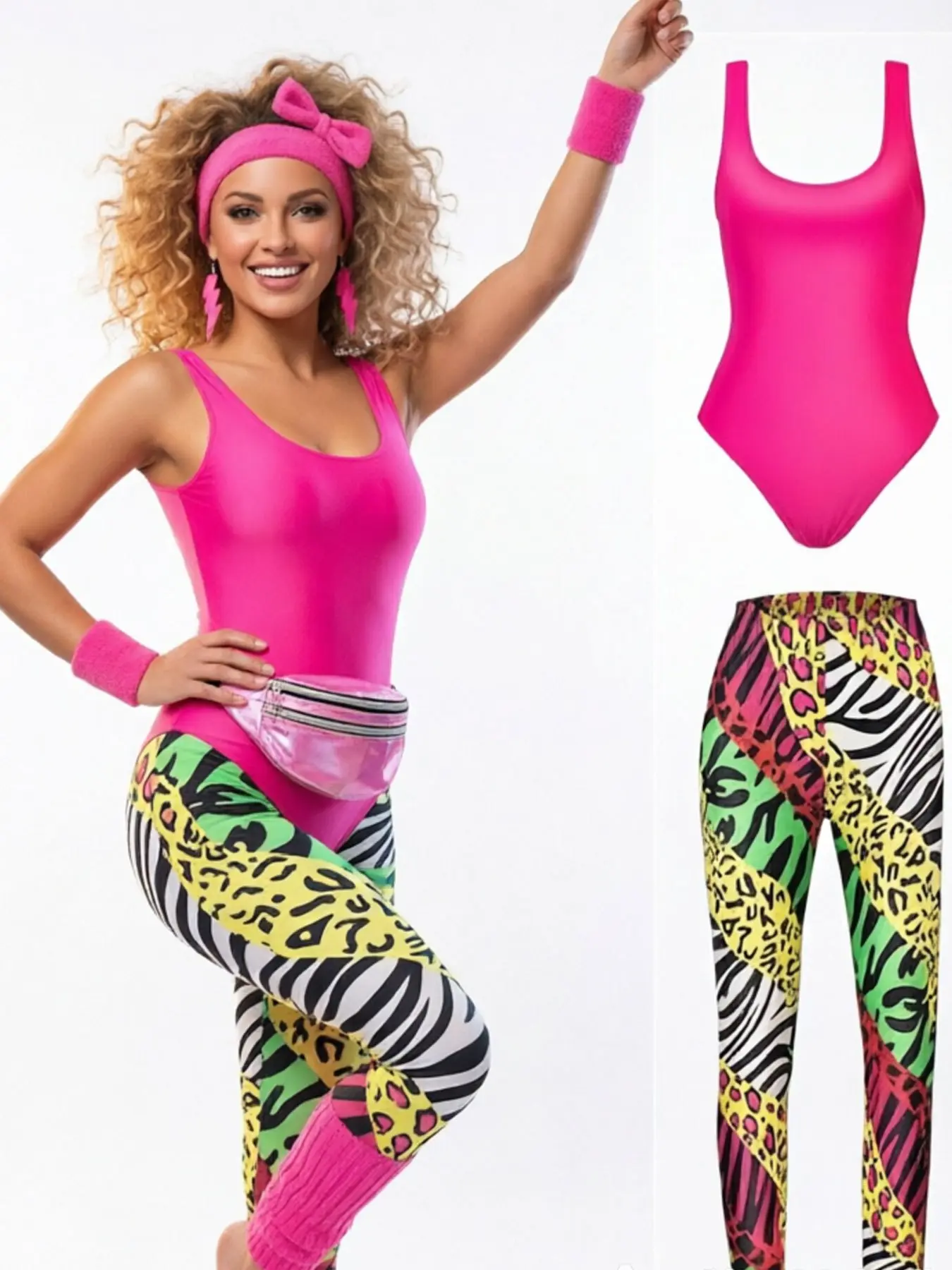 80s Vintage Aerobics Dress Up Costume Set, Phosphor Tank Top Color Matching Leopard Print Zebra Leggings Fanny Pack Full Disco Party Cos Dress Up