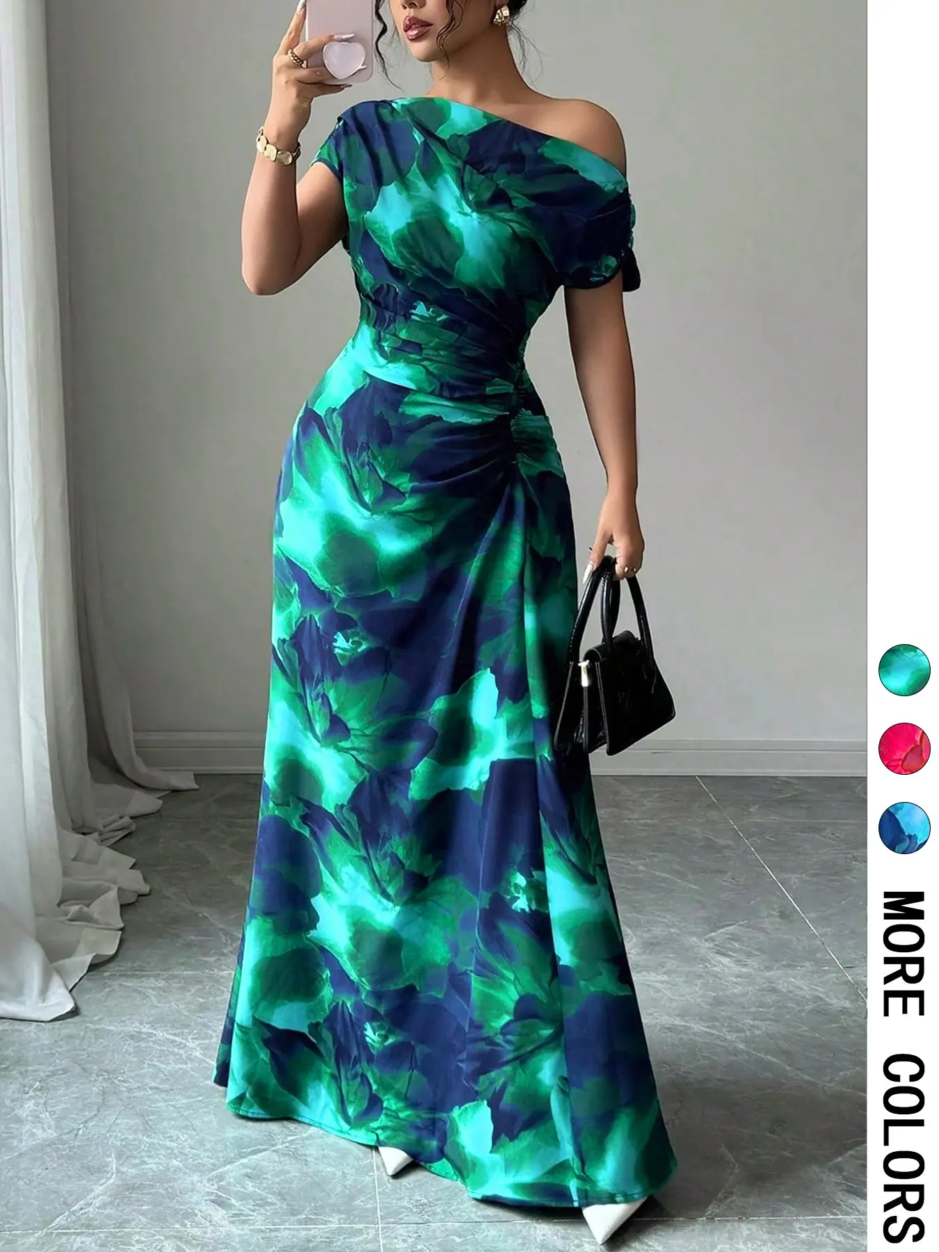 Women's Elegant Chic Minimalist Print Asymmetrical-Shoulder Waist-Ruched Bohemian Summer Dress