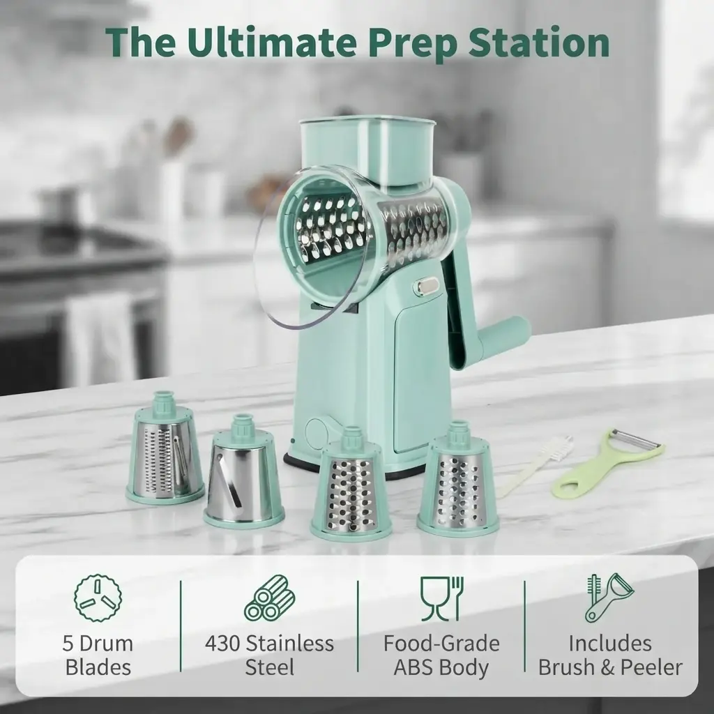 Hand Rotary Cheese Grater, Multi-Blade Mandoline Slicer Equipped with 10 Blades, Built-in Blade Storage, Comes with Peeler and Cleaning Brush, Strong Suction Base for Vegetable & Fruit Prep