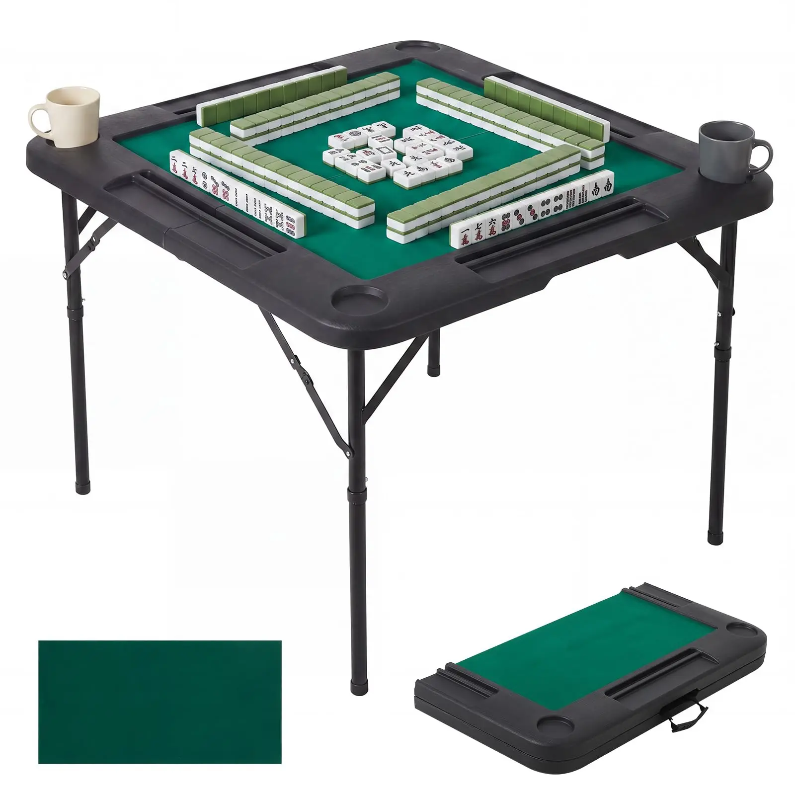 34 in Folding Mahjong and Card Game Table, Square HDPE Top with Felt - 4 Cup Holders - Portable Game Night Table