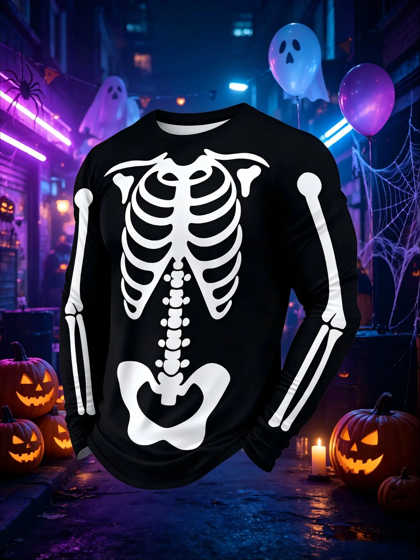 American Vintage Human Skeleton Print Long Sleeve Top, Halloween Cosplay Costume, Casual Fitted Shirt for Spring & Fall