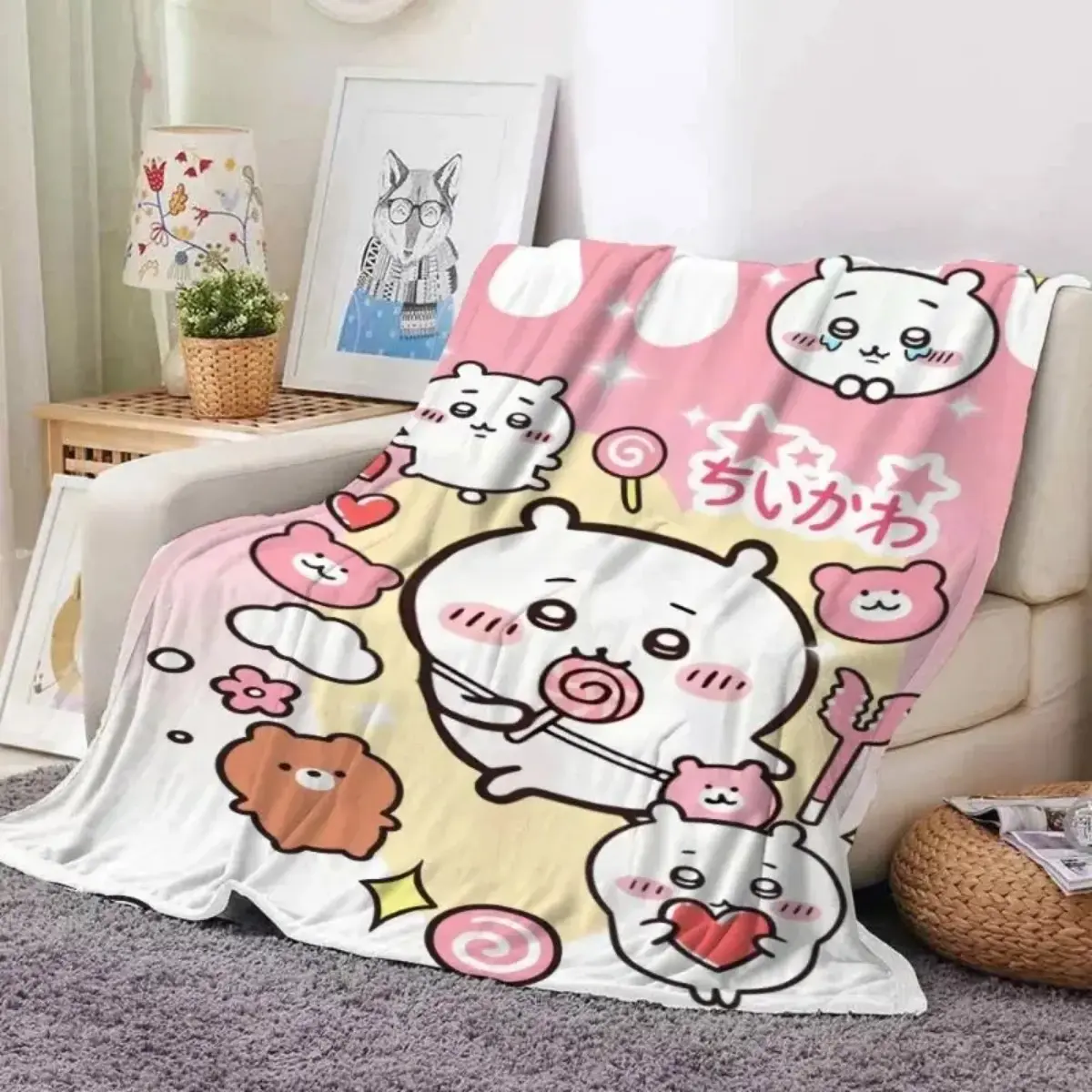 Kawaii Chiikawa Hachiware Usagi Flannel Blanket, Cute Anime Character Throw, Soft Cozy Cooling Fleece Blanket, Dorm Sofa Gift for Fans