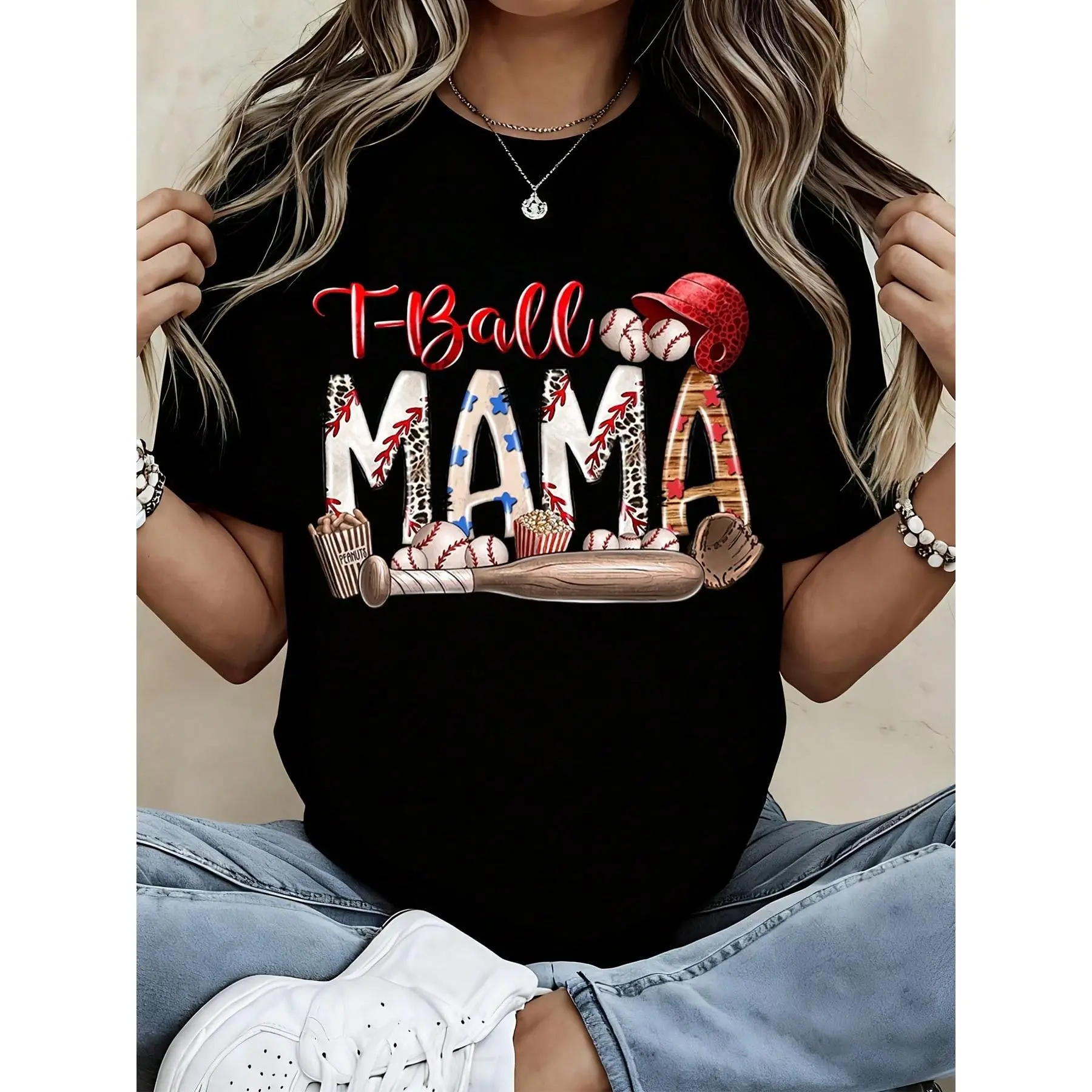 T Ball Mama T Shirt Black Baseball And Bat Print For Mom Baseball Game Outing